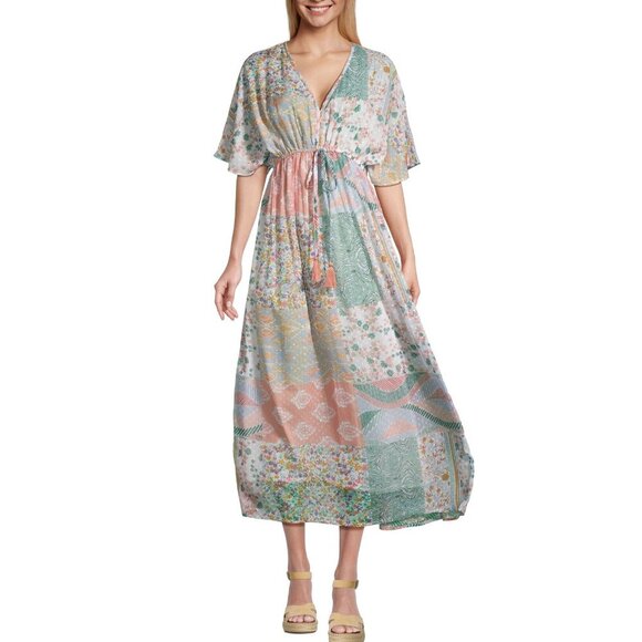 World Market Mira Dobby Patchwork Kaftan Dress Pastel Boho S/M Pastel resort EUC - Picture 1 of 11